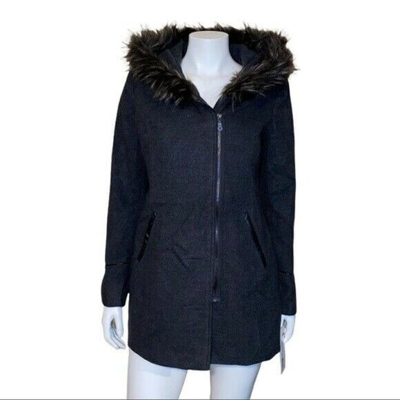 Maralyn Me Juniors Faux-Fur-Trim Hooded Asymmetrical Charcoal Coat Medium NWT - Picture 2 of 9